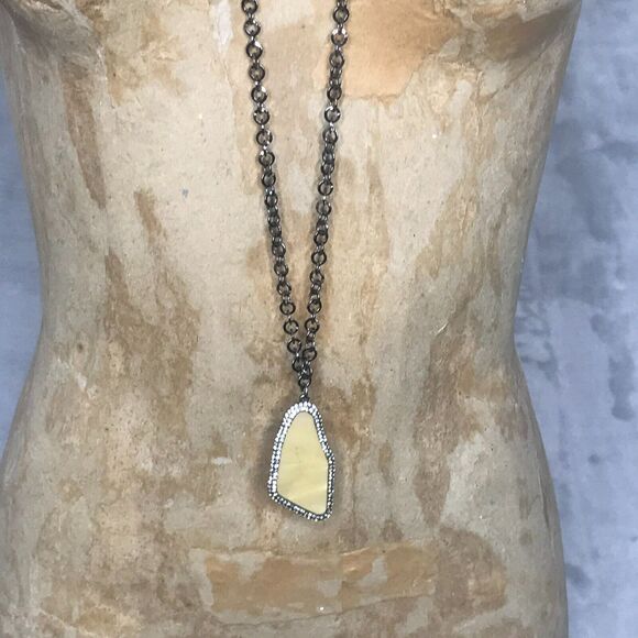 Chicos Necklace Black Chain 2.5" Yellow Stone Pendant Surrounded by Crystals - Picture 2 of 3